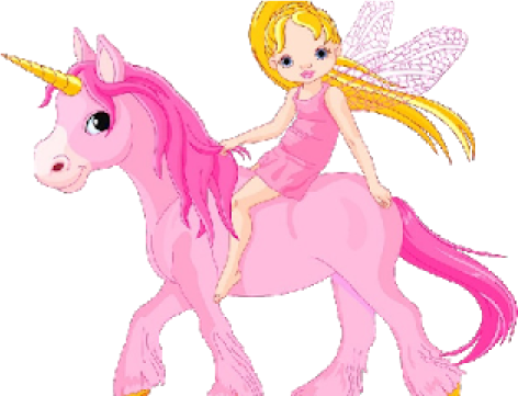 a little girl riding on a pink unicorn