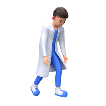 a person in a white coat and blue pants