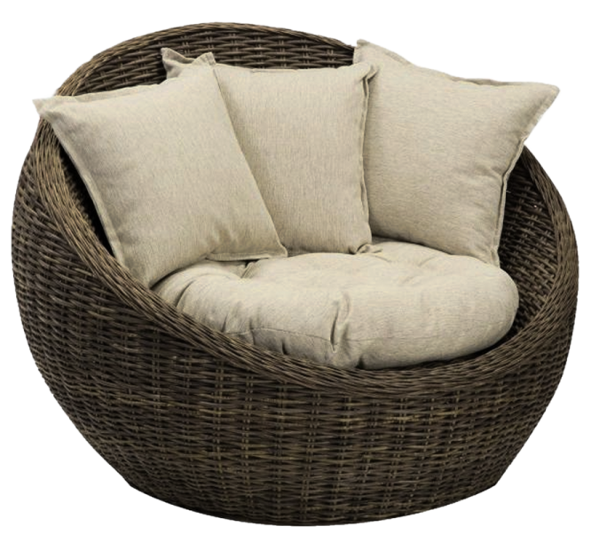 a wicker chair with two pillows on it