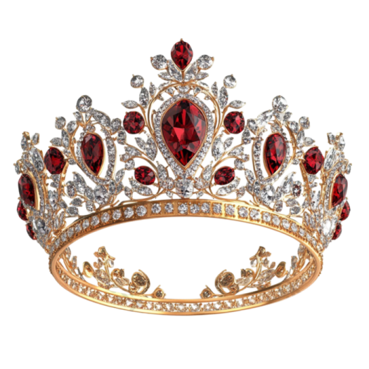 a gold crown with red and white crystals