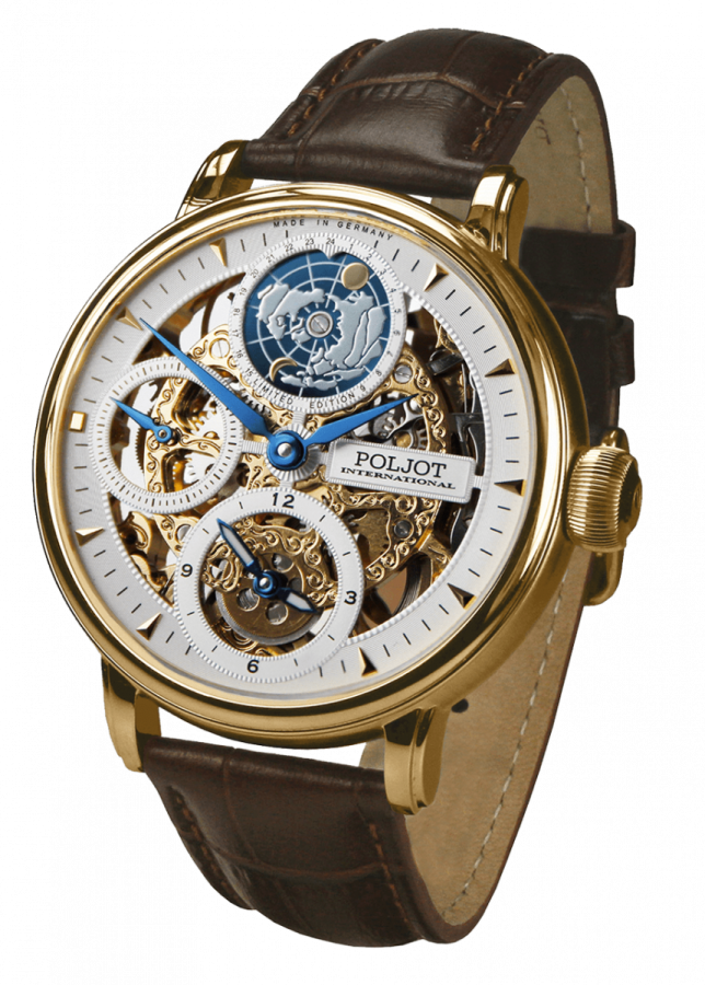 a watch with a white dial and brown leather strap