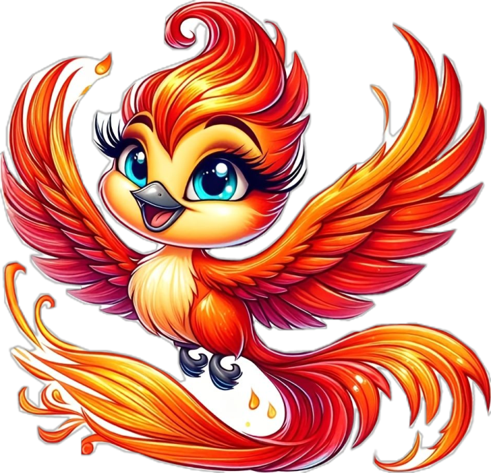 a cartoon bird with orange hair and blue eyes