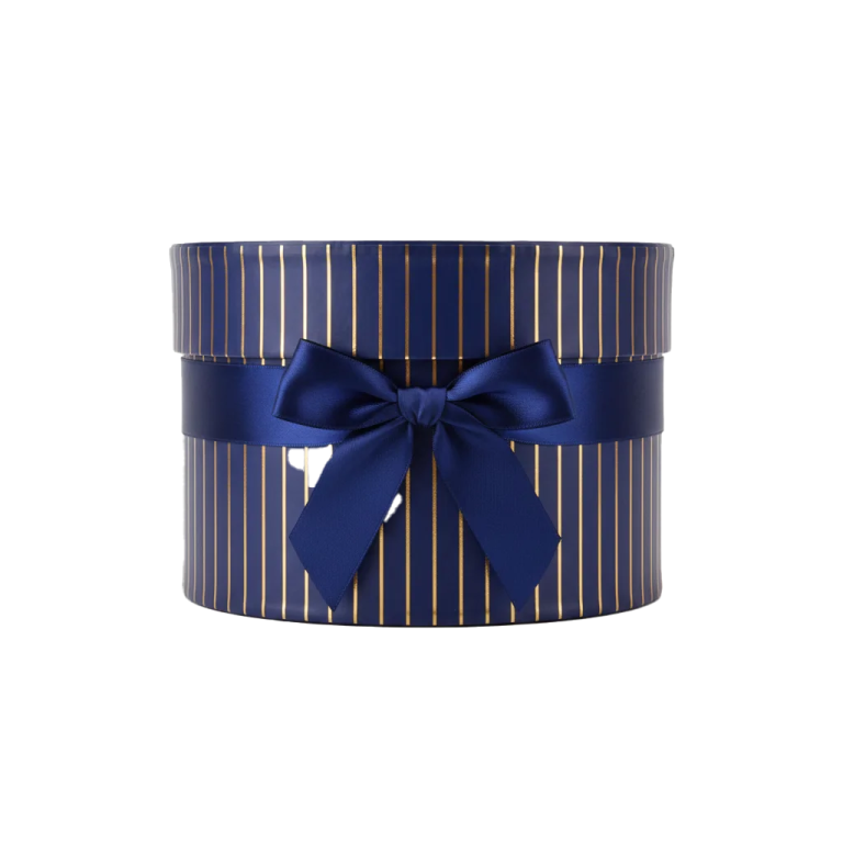 a blue and gold striped gift box with a bow