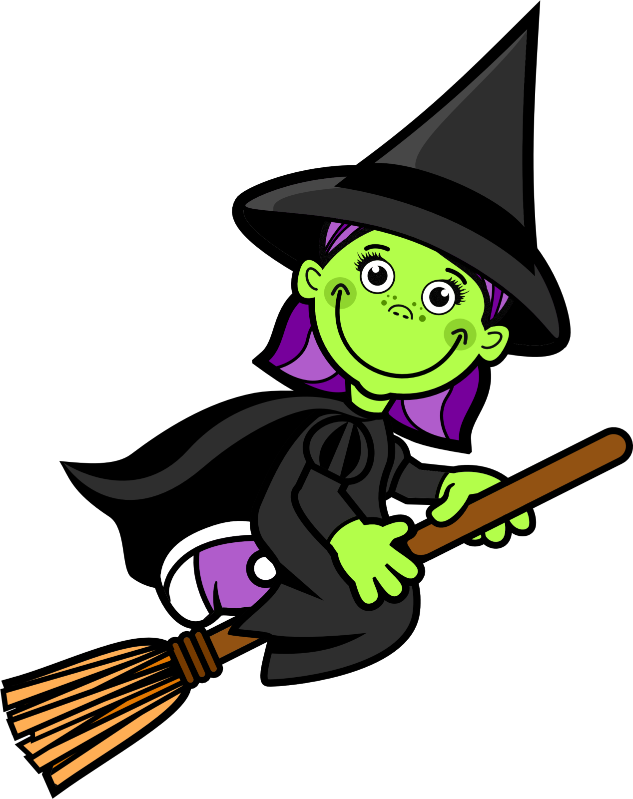a cartoon witch flying on a broom
