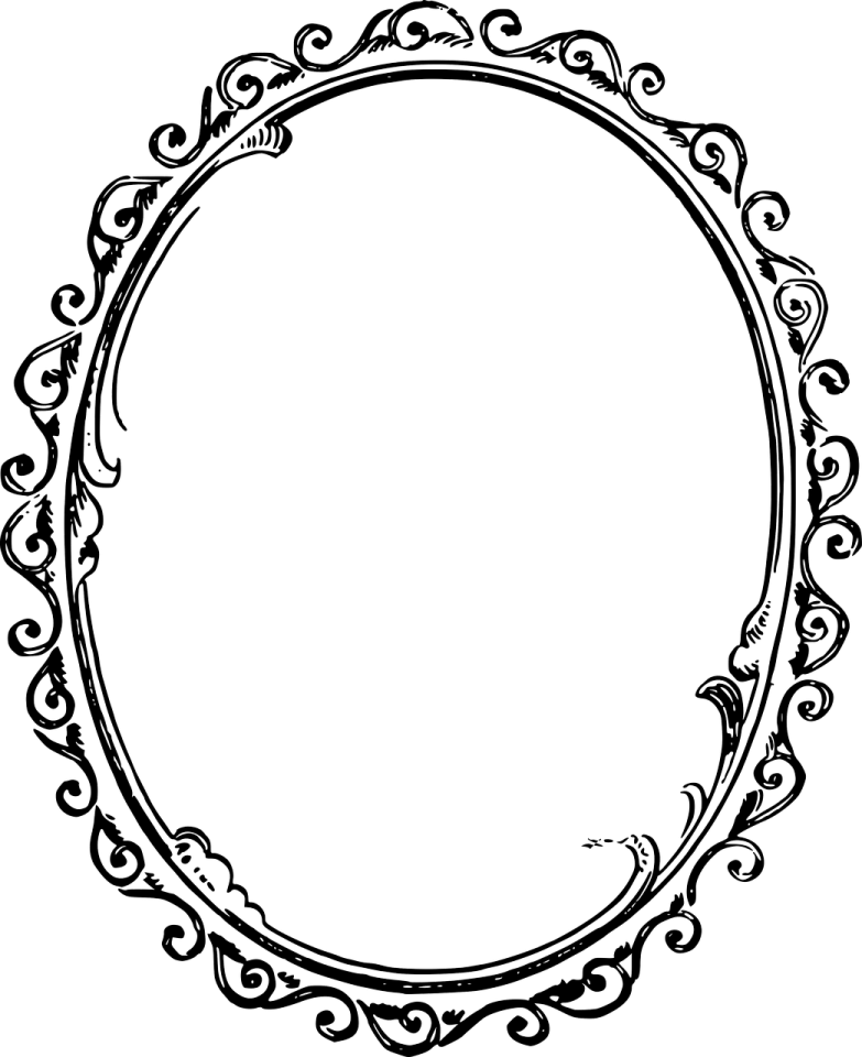 a black and white circular frame with scrolls