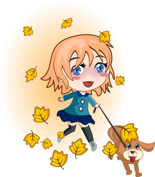 a little girl walking her dog in the leaves
