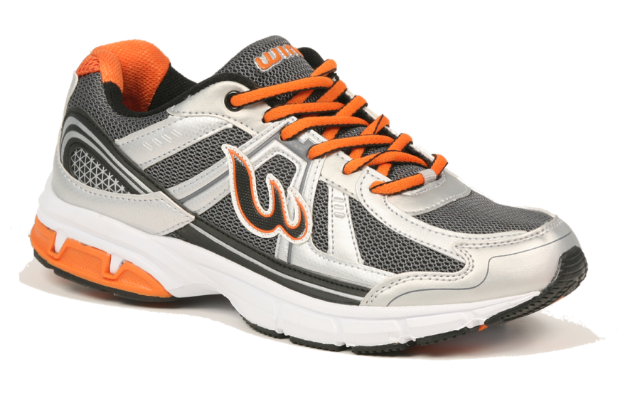 a pair of children's sneakers in grey and orange