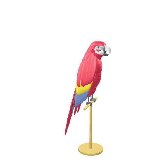 a red parrot sitting on top of a wooden stand