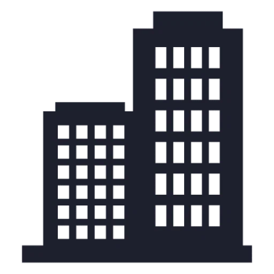 a black and white icon of two tall buildings