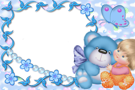 a little girl hugging her teddy bear in the clouds
