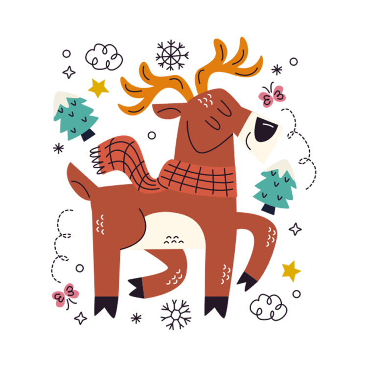 a reindeer with christmas decorations around it