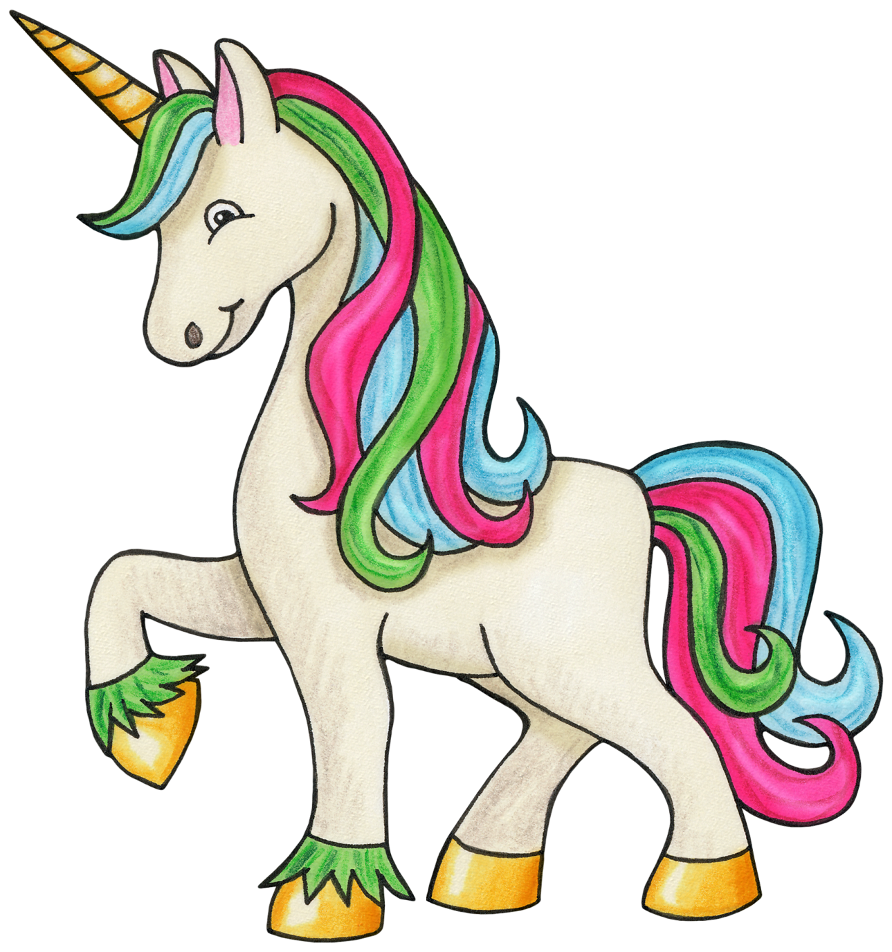 a drawing of a unicorn with colorful manes