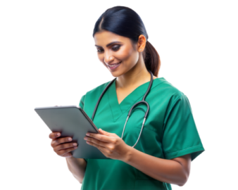 a woman in green scrubs holding a tablet