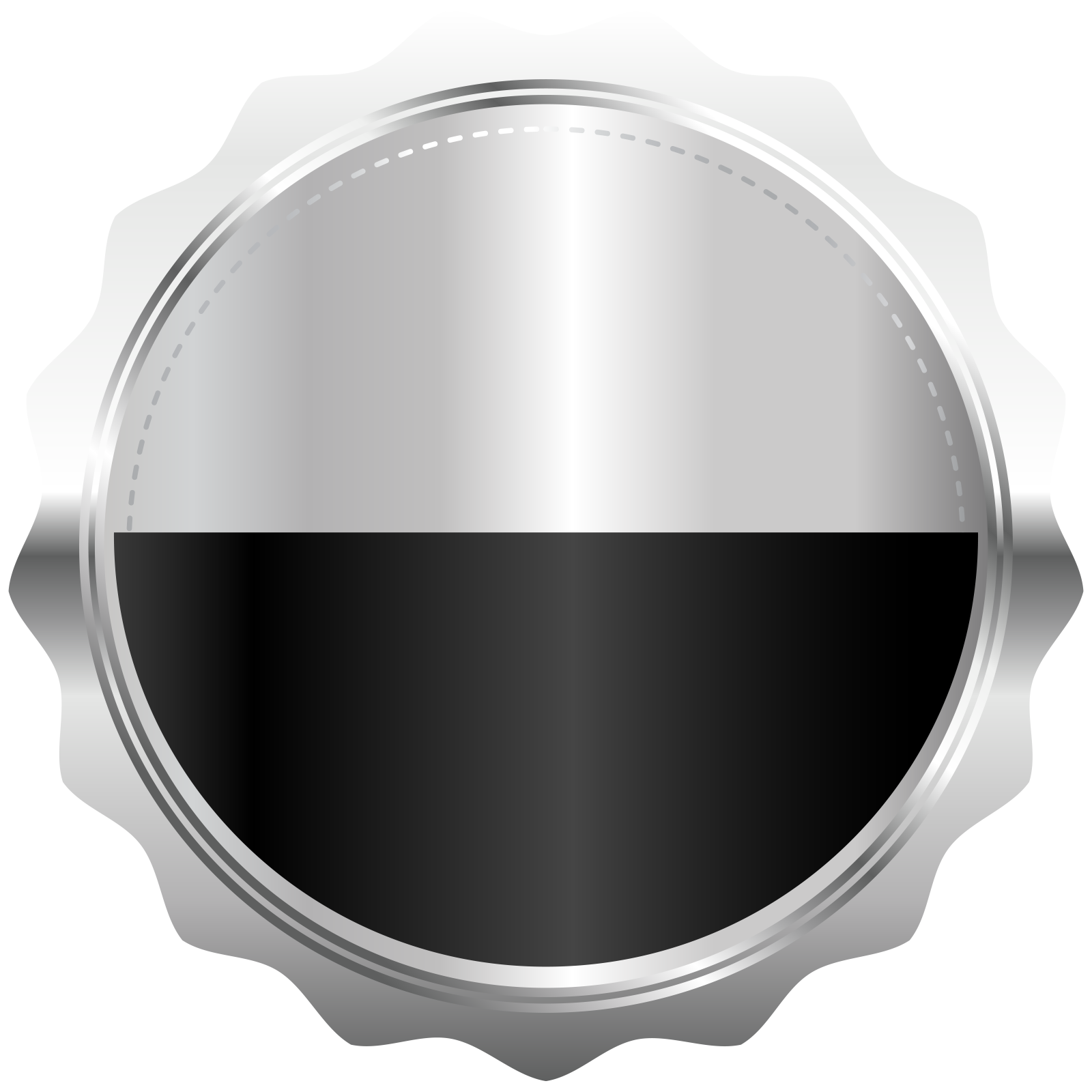a metallic badge with a black and white stripe