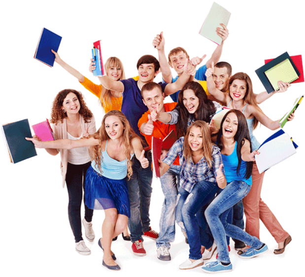 a group of young people holding books and smiling