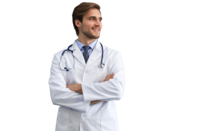 a male doctor standing with his arms crossed
