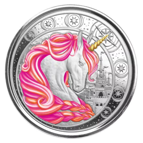 a silver coin with a pink unicorn on it
