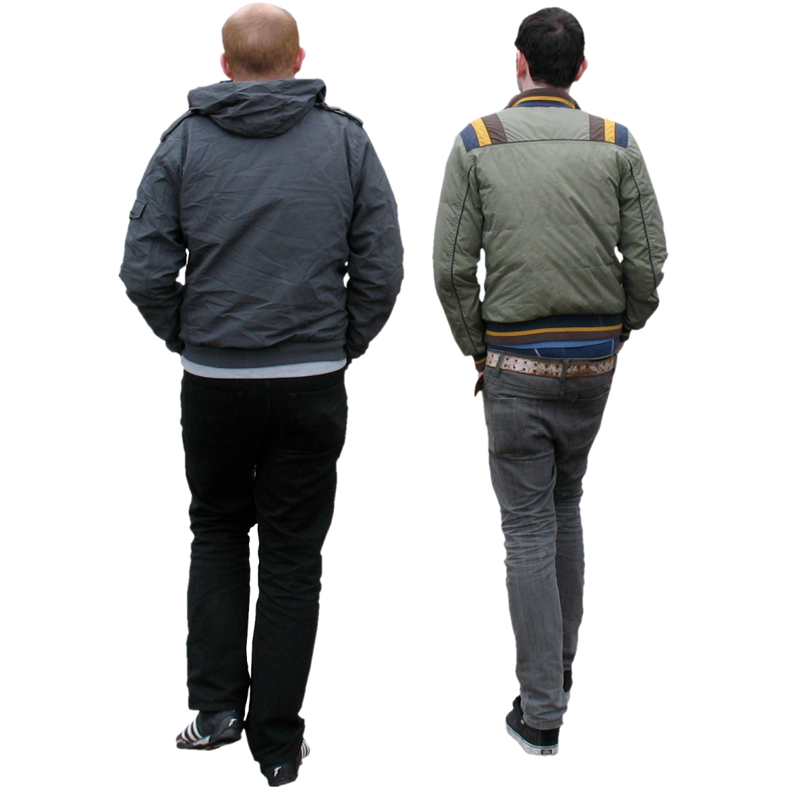 two men walking away from the camera