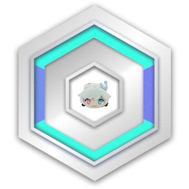 a white and blue hexagon with a cartoon character in the center