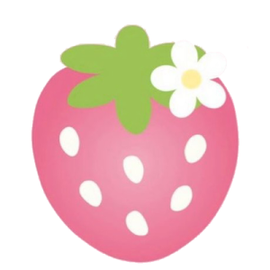 a pink strawberry with green leaves and white dots