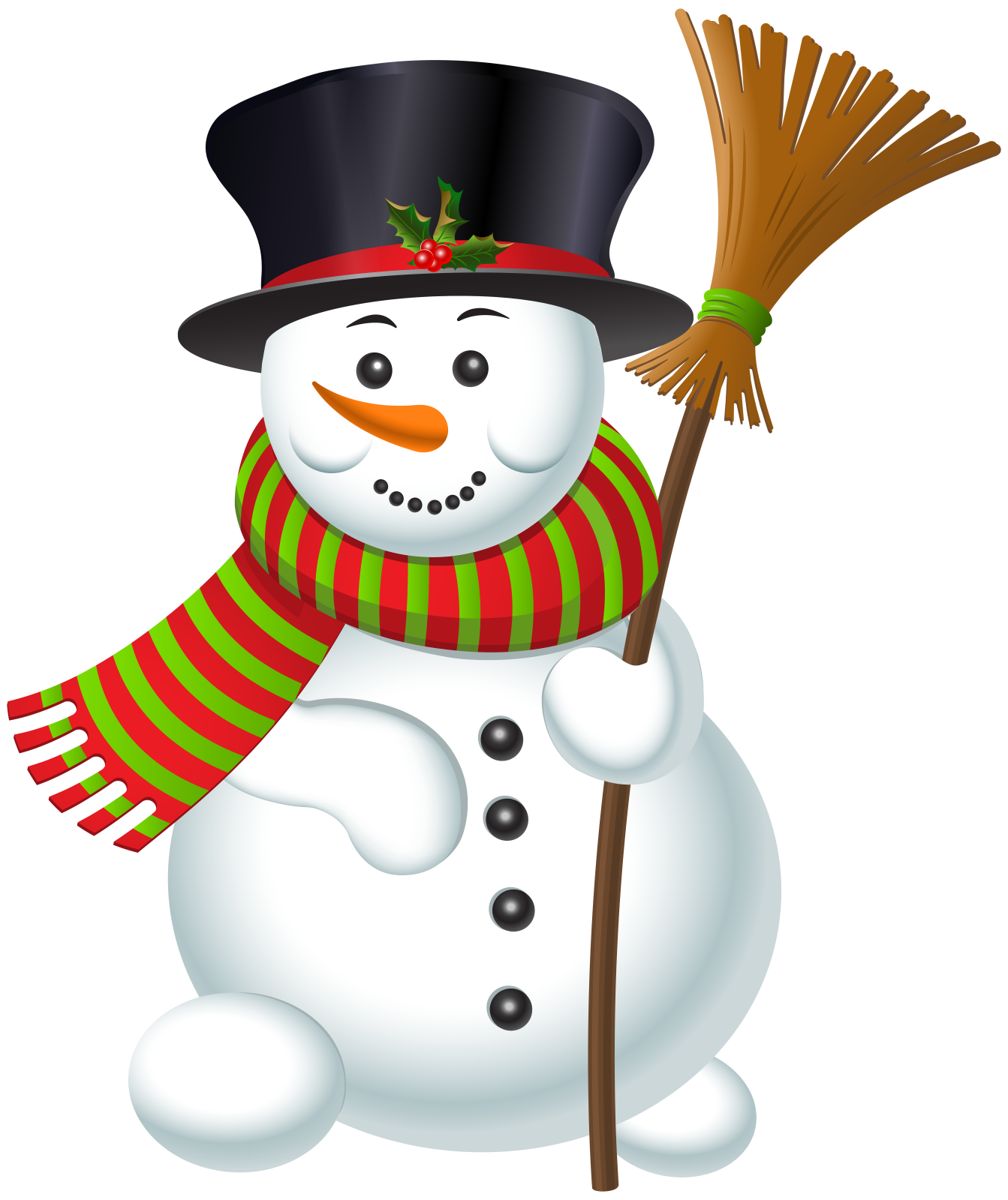 a snowman with a hat and scarf holding a broom