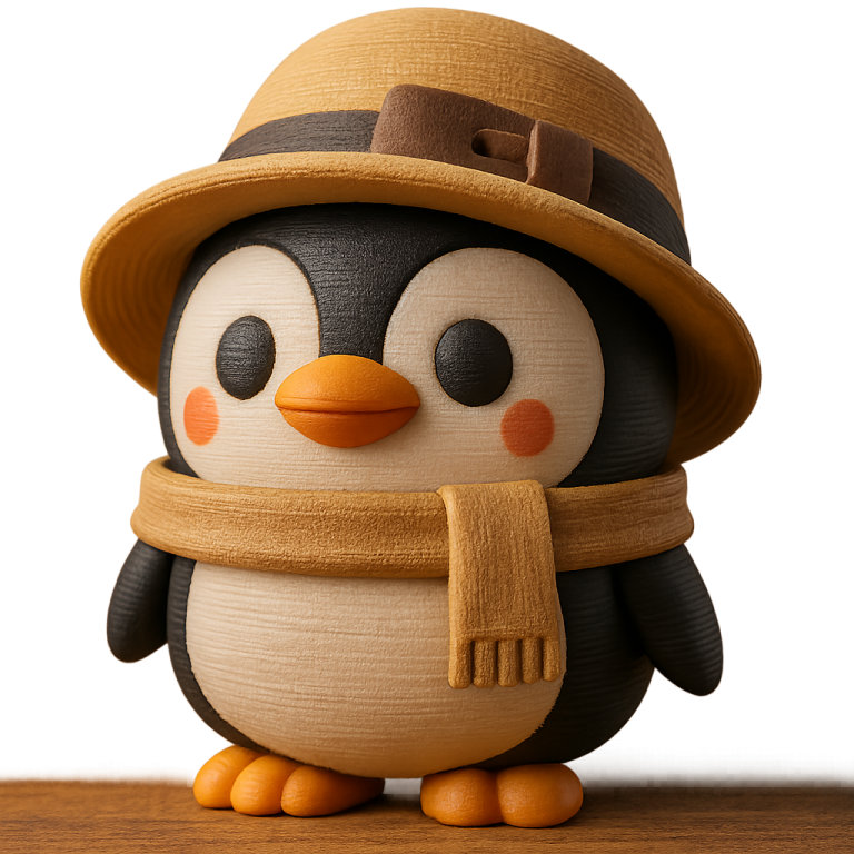 a wooden penguin wearing a hat and scarf