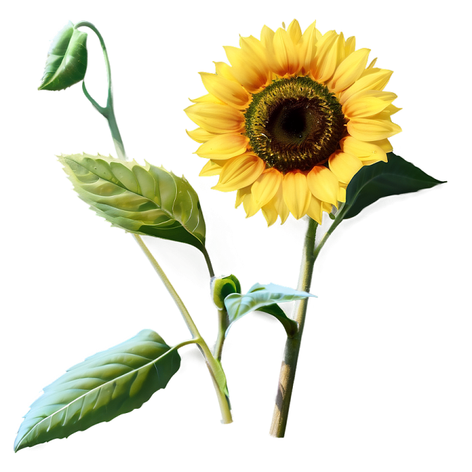 two sunflowers with green leaves on a white background