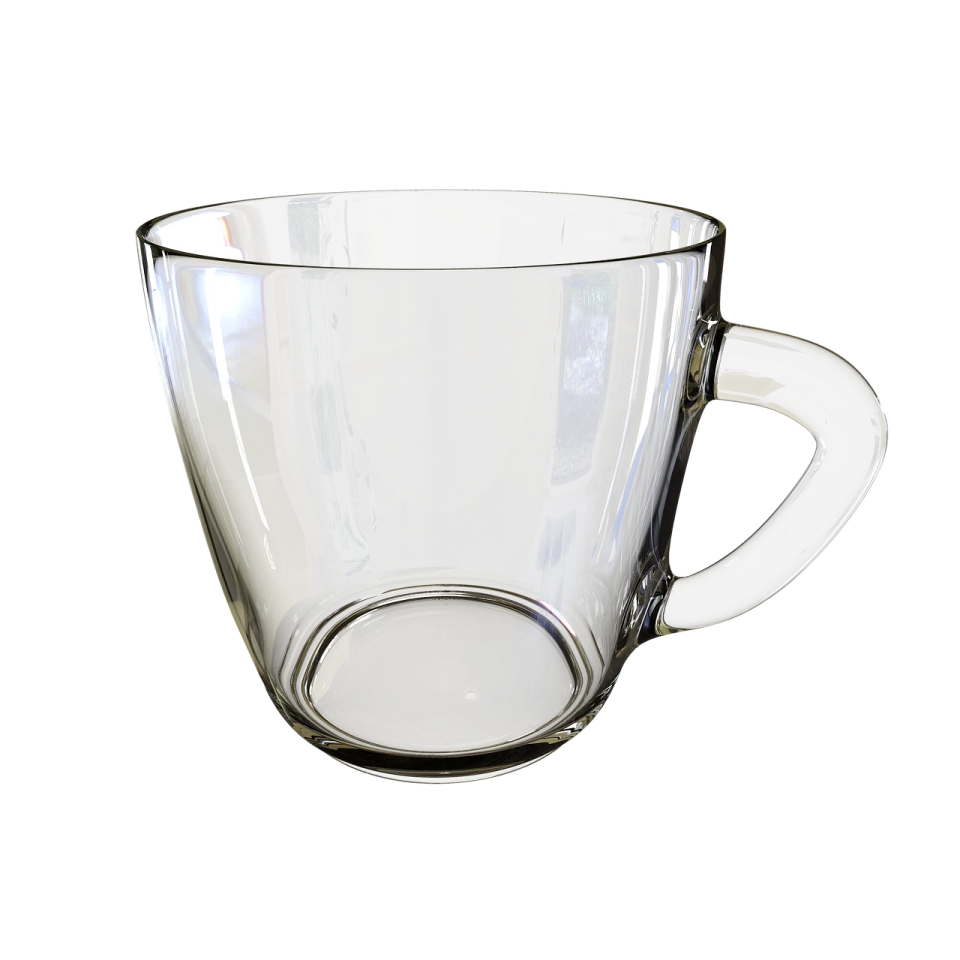 a clear glass cup on a white background