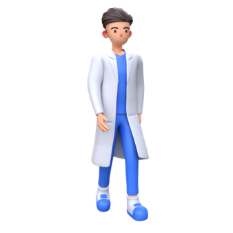a person in a white coat and blue pants