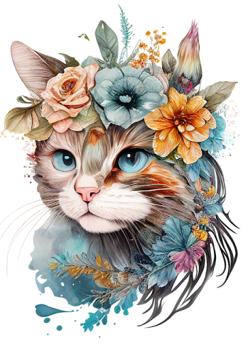 a cat with flowers on its head