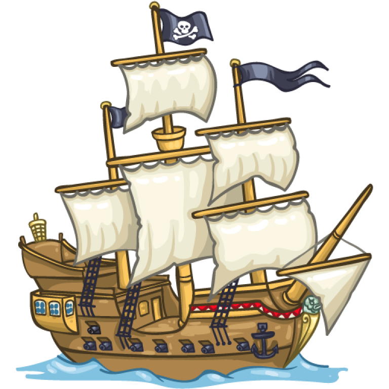 a pirate ship with a flag on it
