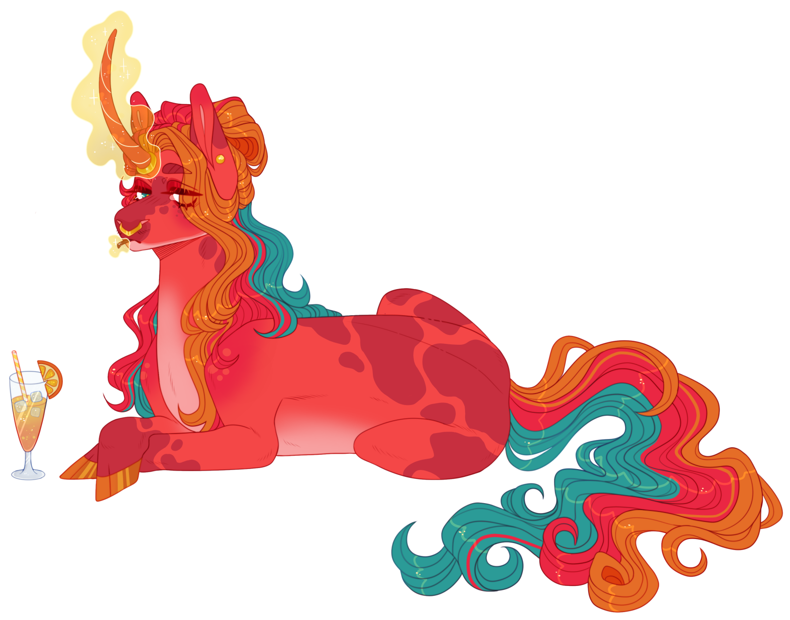 a red unicorn laying down with a drink in its hand