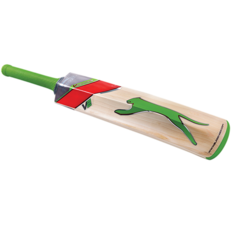 a cricket bat with a green handle