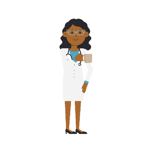 a female doctor in white coat and glasses holding a cup