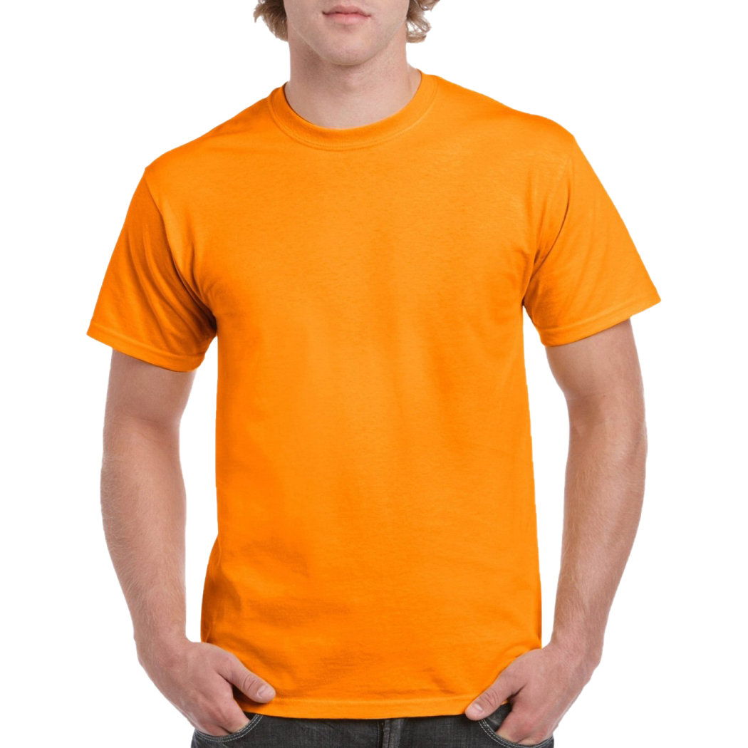 a young man wearing an orange t - shirt