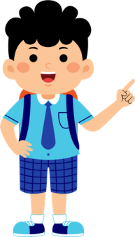 a boy in school uniform pointing at something