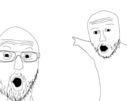 a drawing of two men with one pointing at the camera
