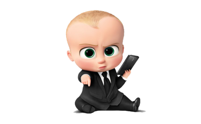 a baby in a suit holding a cell phone
