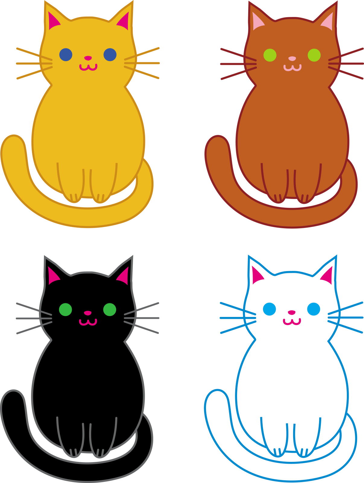 four different colored cats on a white background