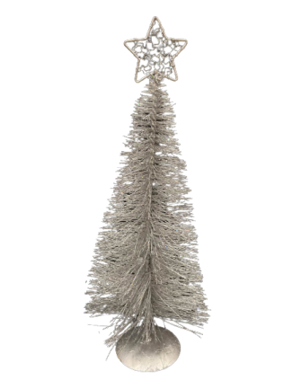 a silver christmas tree with a star on top