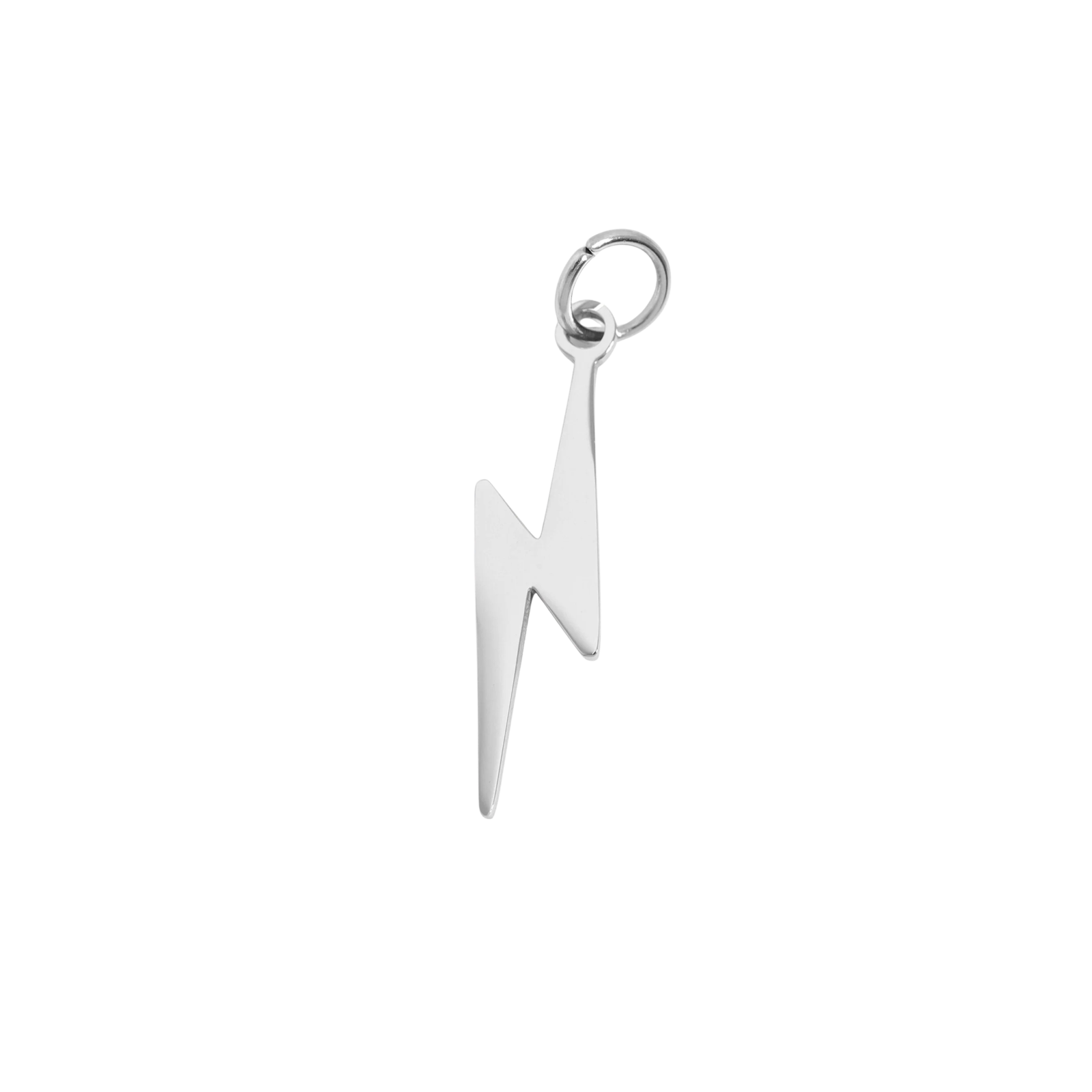 a silver lightning bolt charm on a white background