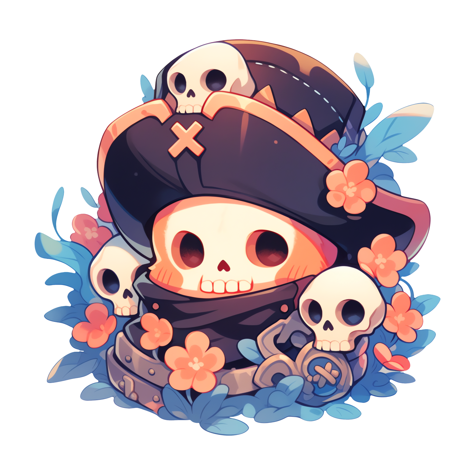 a pirate with skulls and flowers in the background