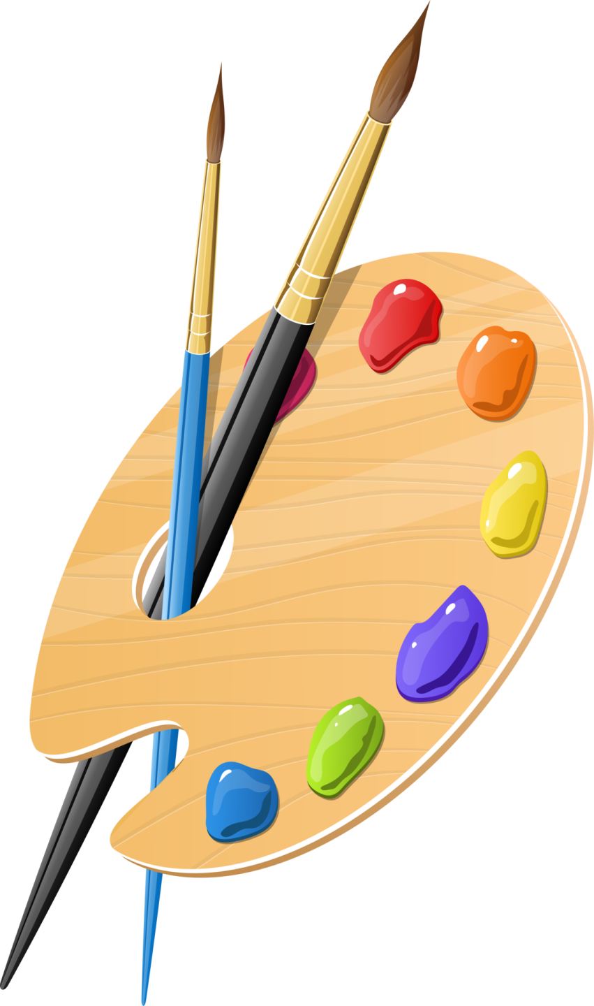 a wooden palette with paint and brushes on it