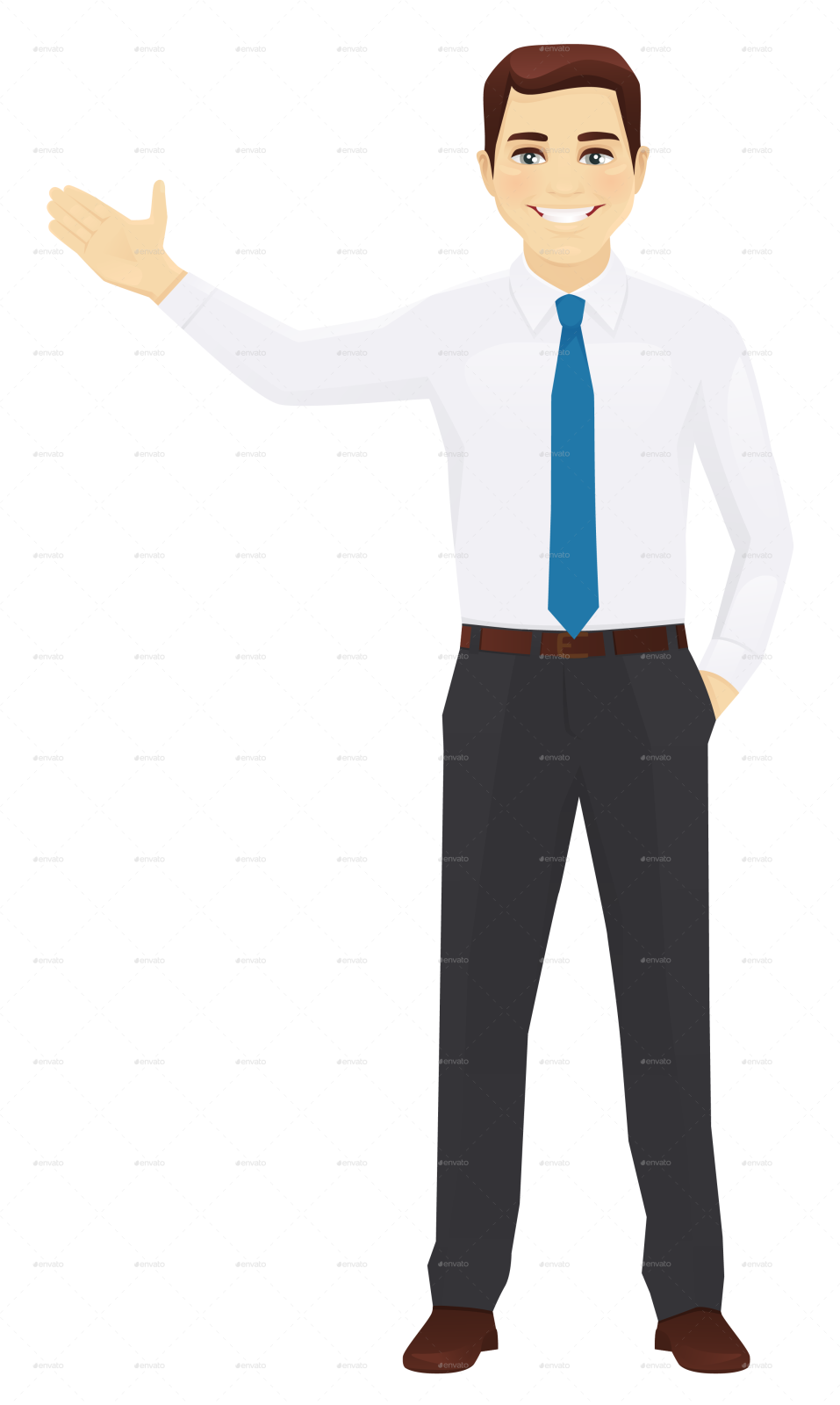 a man in a white shirt and blue tie pointing at something