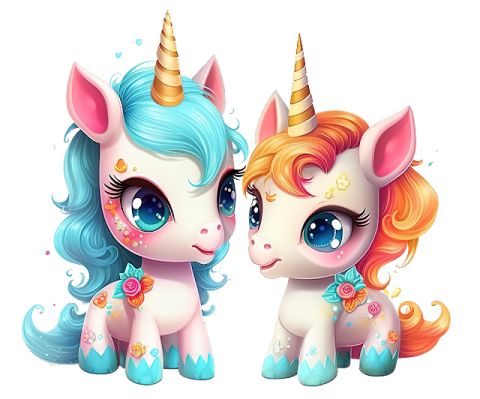 two cute unicorns with colorful hair and blue eyes