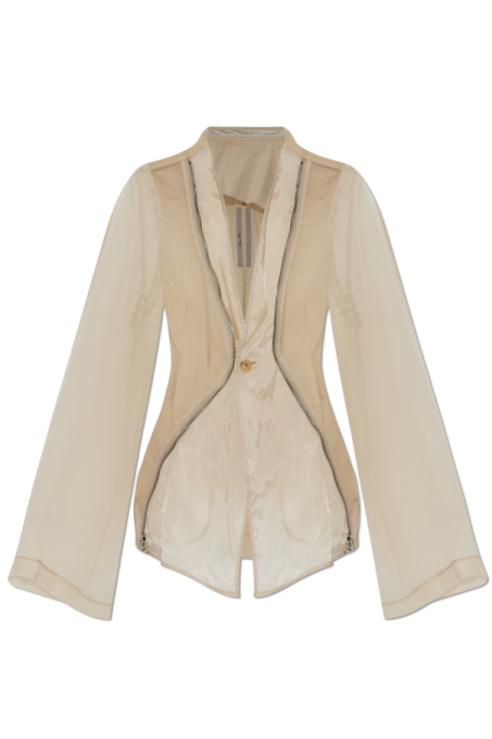 a women's beige jacket with zippers