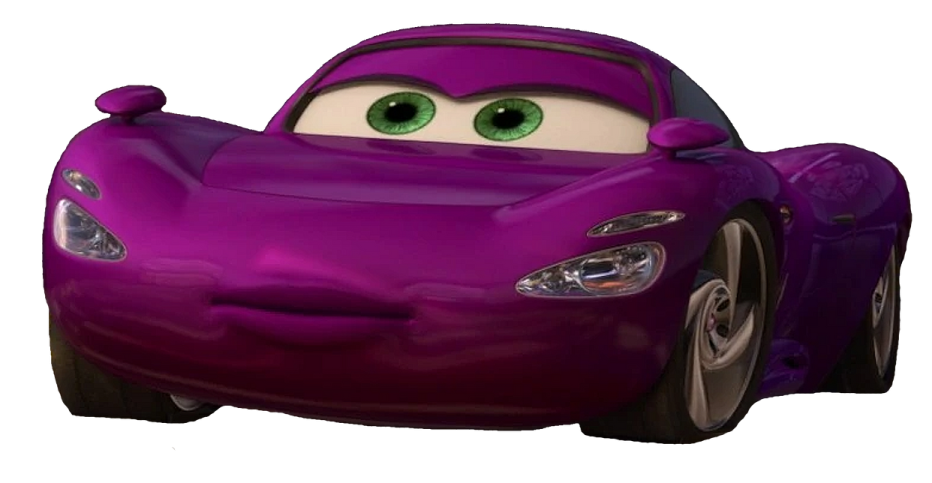 a purple car with green eyes