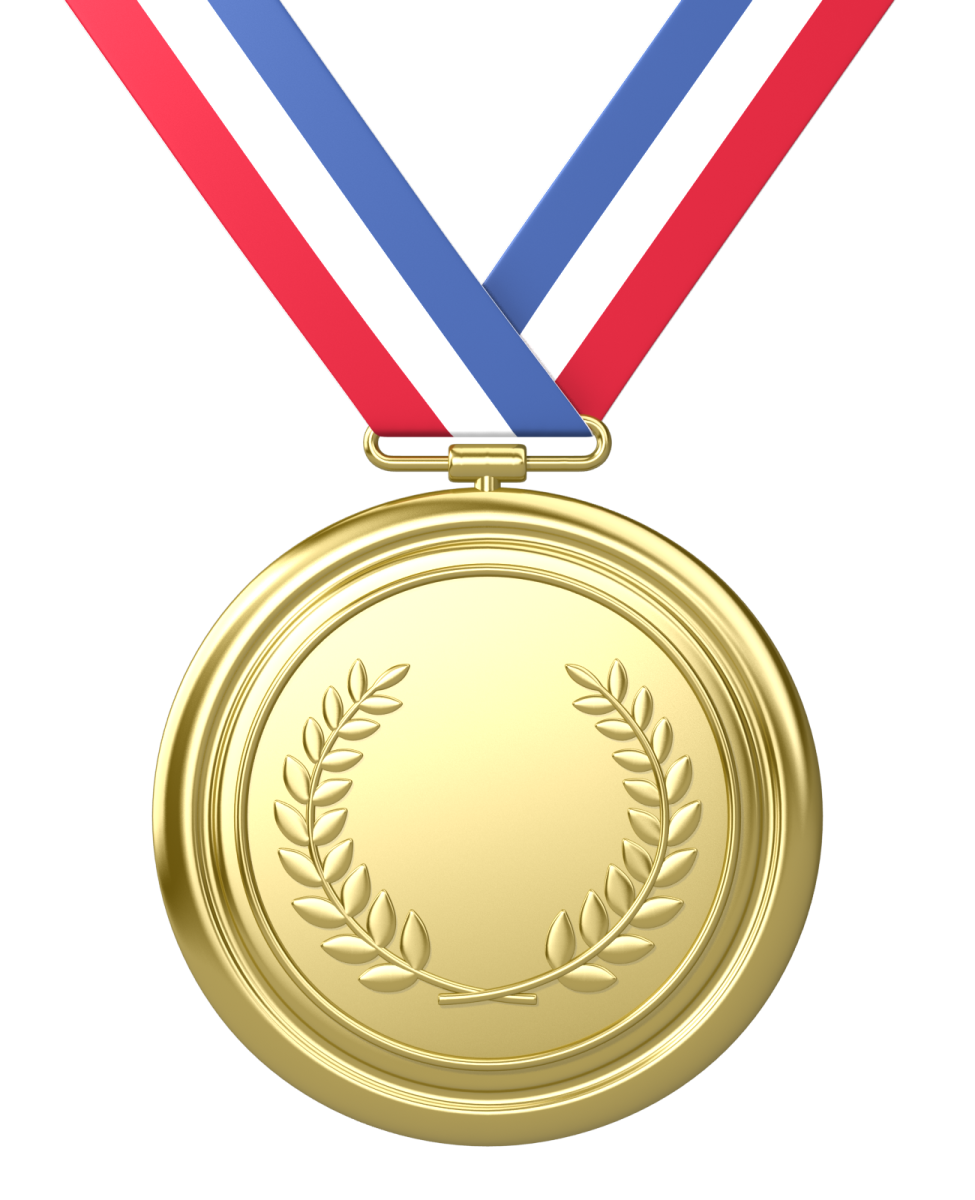 a gold medal with red, white and blue ribbons