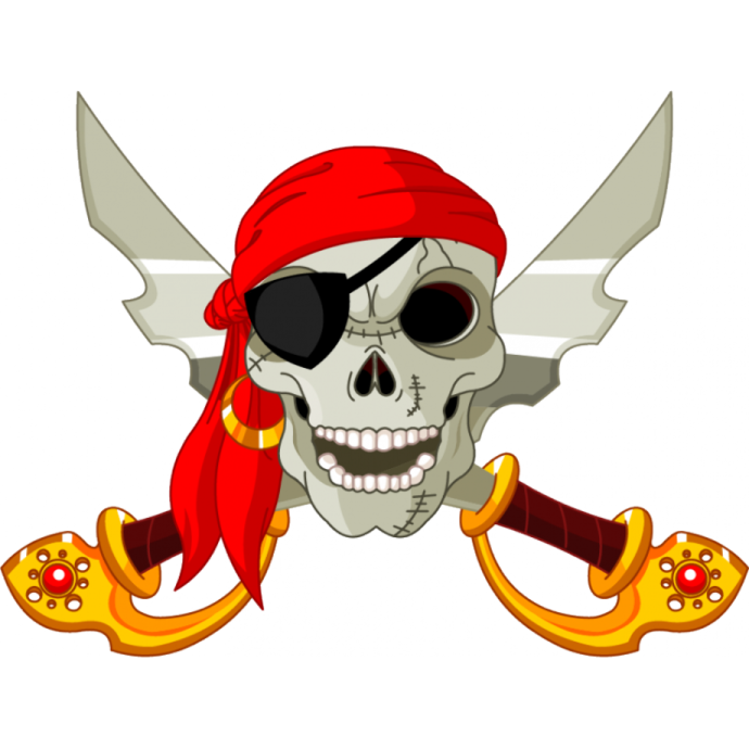 a pirate skull with red banda and two crossed swords