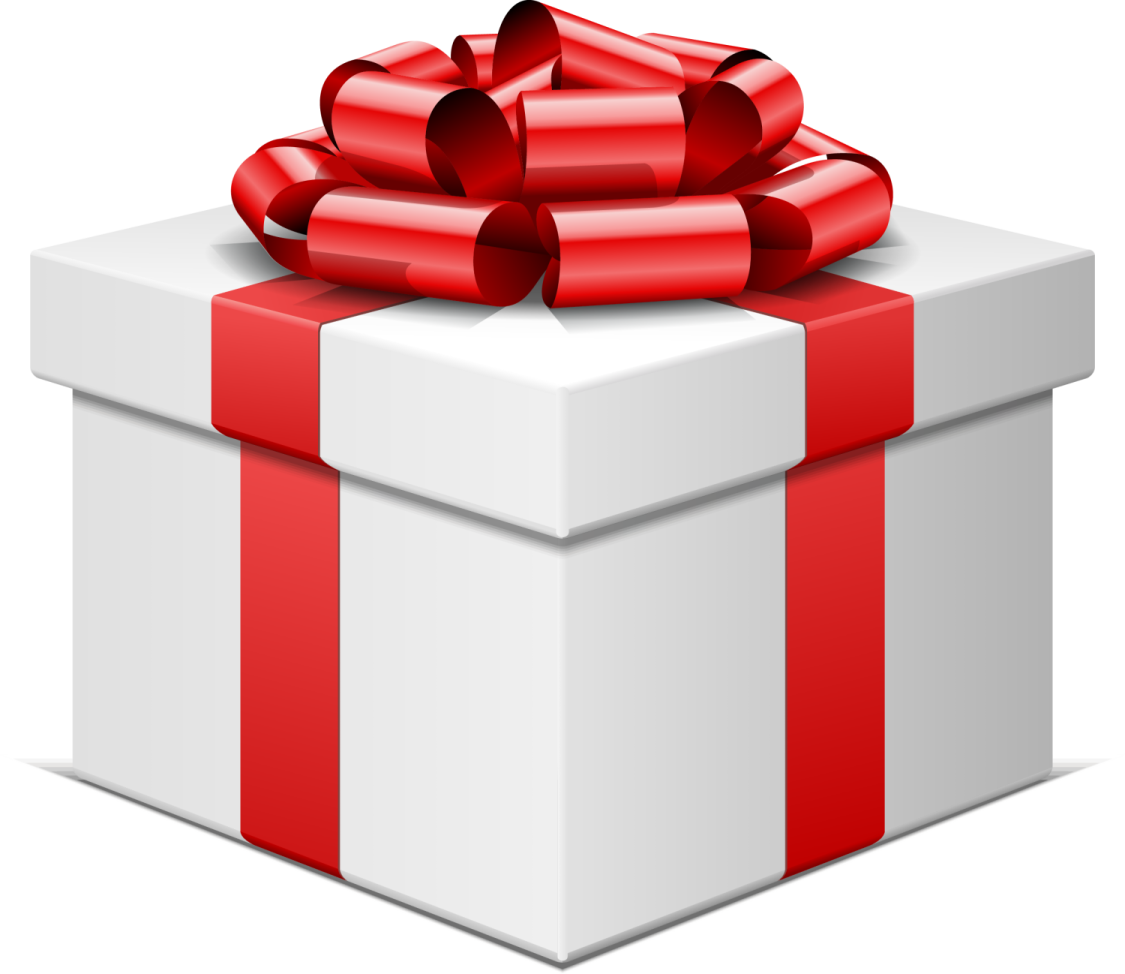 a white gift box with red ribbon and bow